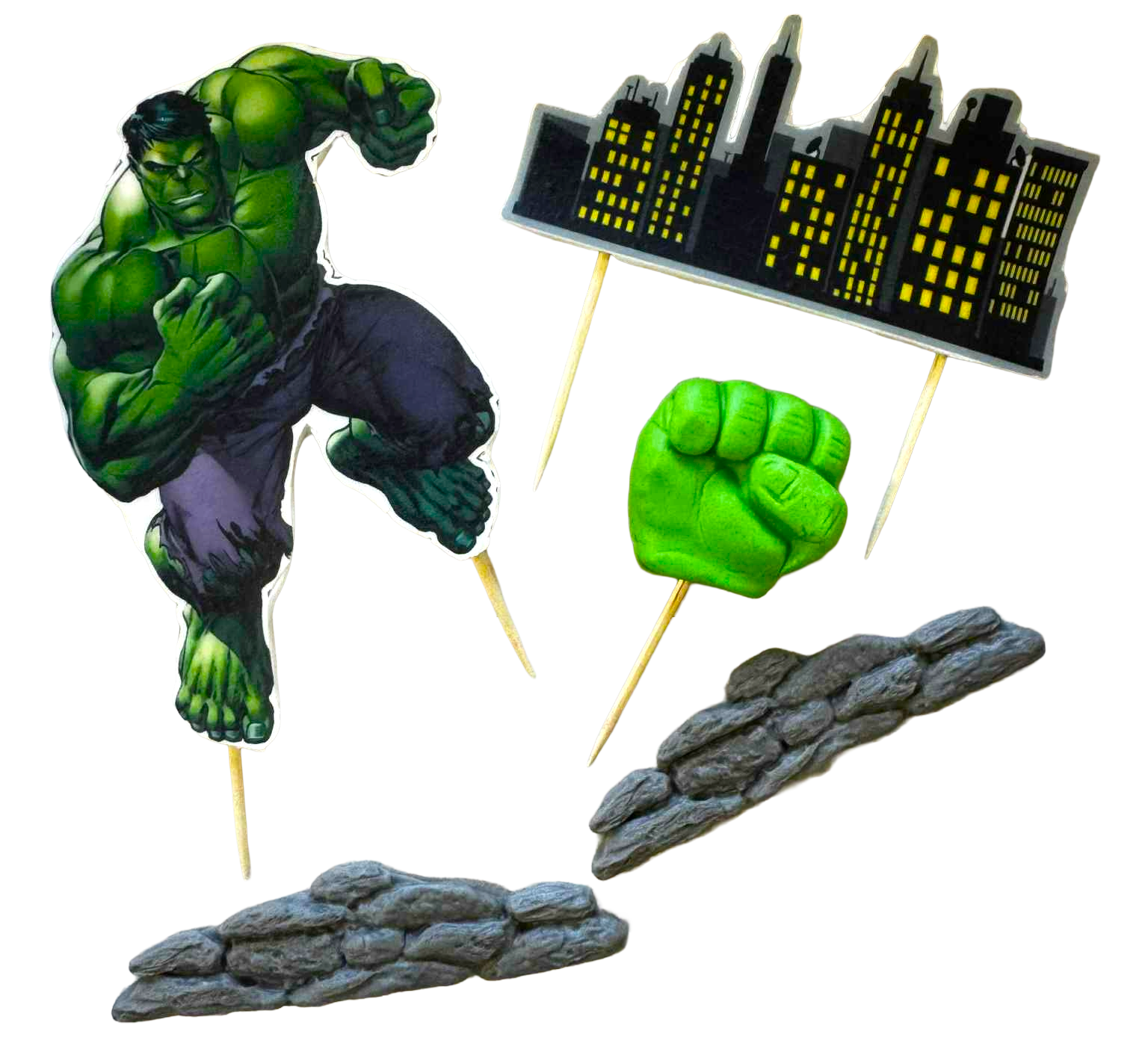 Hulk Decoratiuni Comestibile - Set De 5 Din Pasta De Zahăr Dimensiuni Intre 2,5 Si 11 Cm
