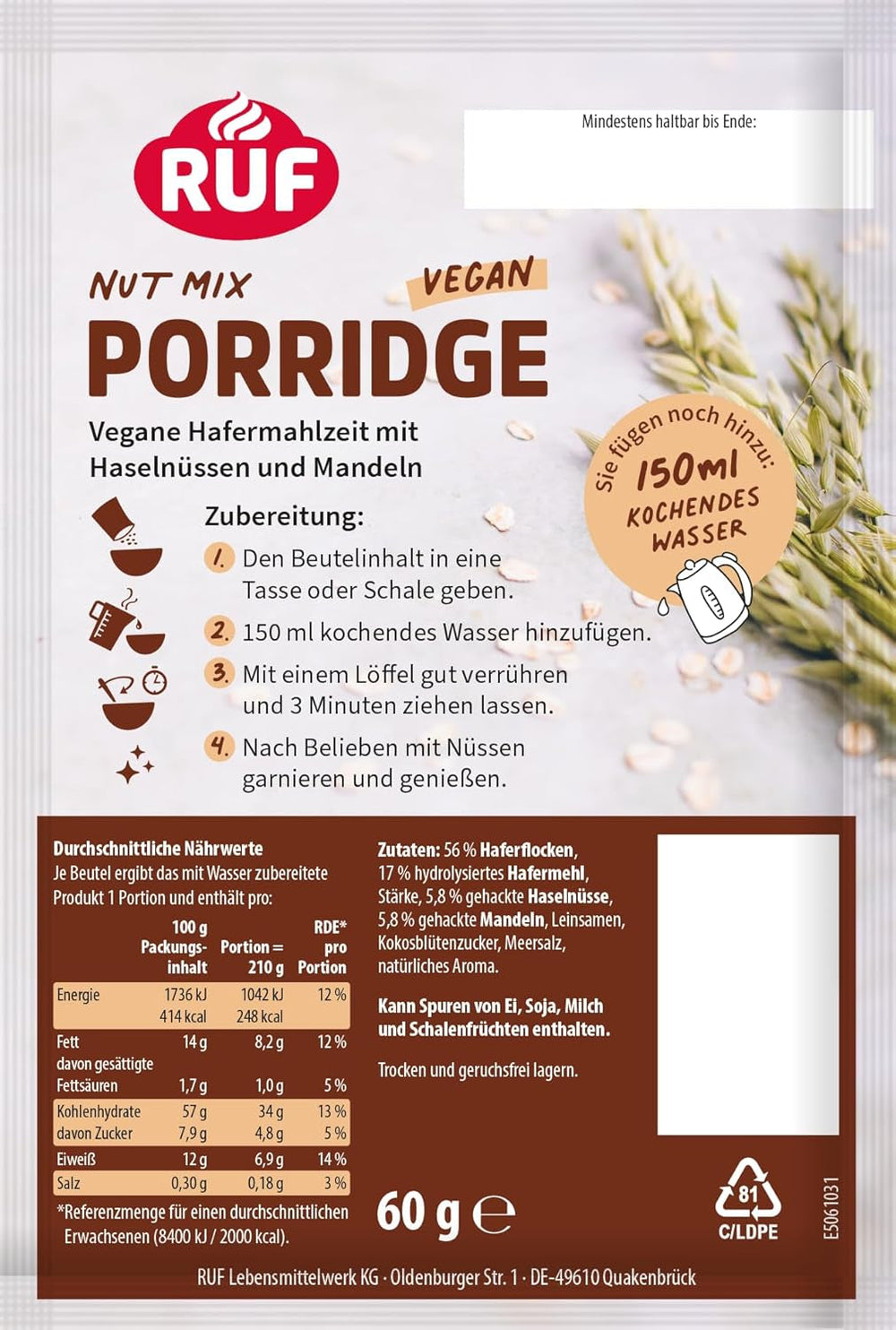 RUF Terci Vegan cu Nuci și Ovăz, fulgi de ovăz cu migdale, alune și semințe de in, preparare ușoară, într-un pachet practic de porții, 1 x 60 g