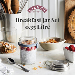 Borcan de mic dejun Kilner cu lingură / 350 ml, Ø 9,5 cm / 5 piese | cană pentru muesli la pachet / non-toxic / recipient din sticlă cu capac pentru muesli, terci și iaurt / recipient pentru ovăz peste noapte Cutii depozitare alimente Naty Shop