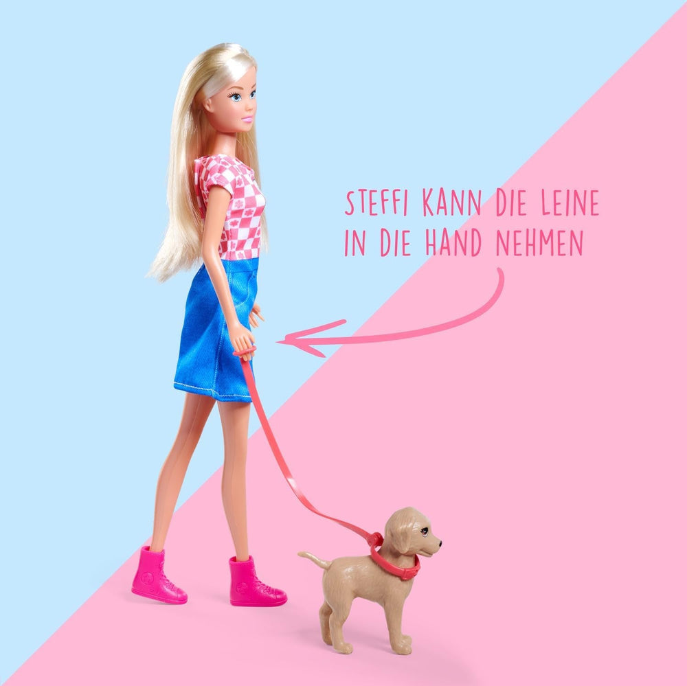 Simba Steffi Love Dog Fun – Modepuppe mit Hund & Leine, 29 cm, Hundespaziergang im Rollenspiel für Kinder ab 3 Jahren