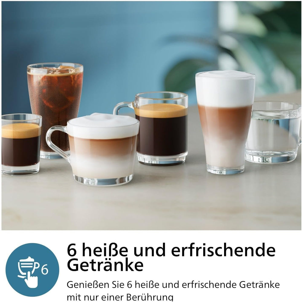 Espressor automat PHILIPS seria 3300 - 6 băuturi, ecran tactil color modern, sistem de preparare a laptelui LatteGo, SilentBrew, râșniță 100% ceramică, filtru AquaClean. Crom negru (EP3347/90)