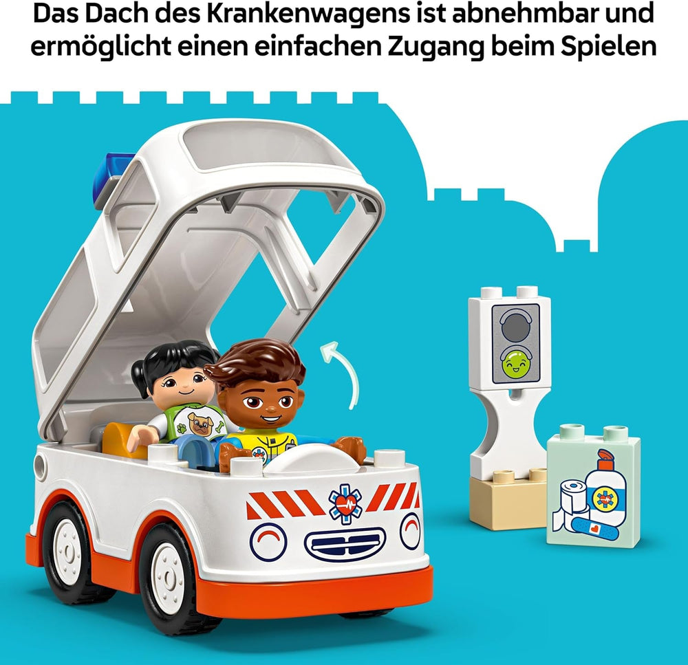LEGO DUPLO Rettungswagen mit Fahrer - Lernspielzeug für Kleinkinder ab 2 Jahren - Montessori Spielzeug für Rollenspiele - Rettungswagen Spielzeug mit Auto, Haus, 2 Figuren - Geschenk für Kinder 10447