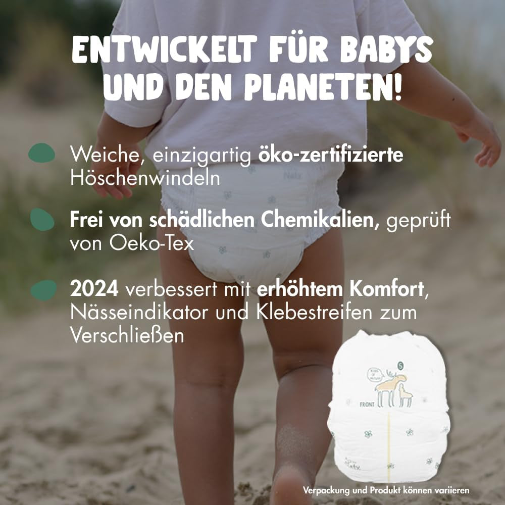 Scutece Naty FreeMovers pentru bebeluși | Huse de scutece certificate, prietenoase cu pielea | Moi și fără parfum | Absorbante și rezistente la scurgeri | Testate dermatologic | Mărimea 5 (12–18 kg) | 80 bucăți
