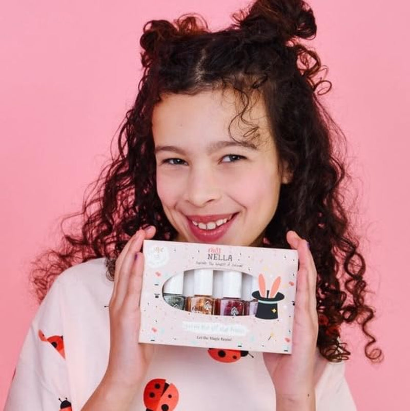 Set de ojă cu sclipici Miss Nella Magic Collection, 4 piese: roz, roșu, auriu și albastru, ojă detașabilă specială pentru copii, non-toxică, pe bază de apă și inodoră