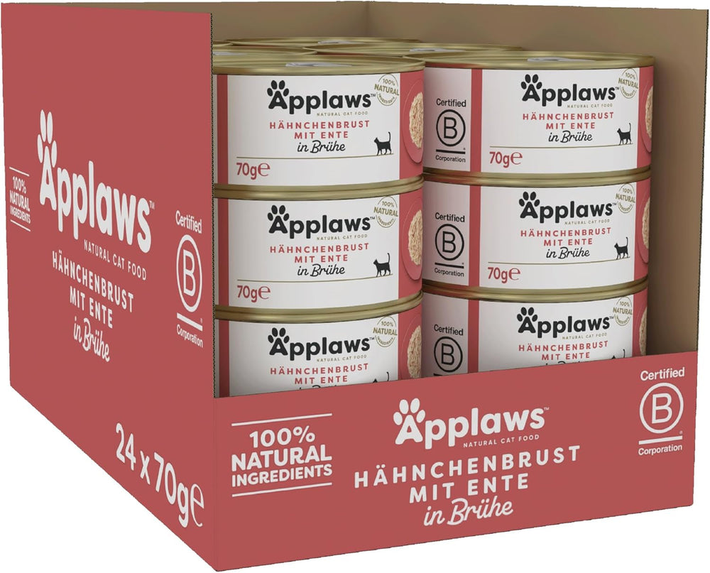 Applaws Premium Natural Hrană Umedă pentru Pisici, Pui cu Rață în Supă, Conservă 70g (24x70g)