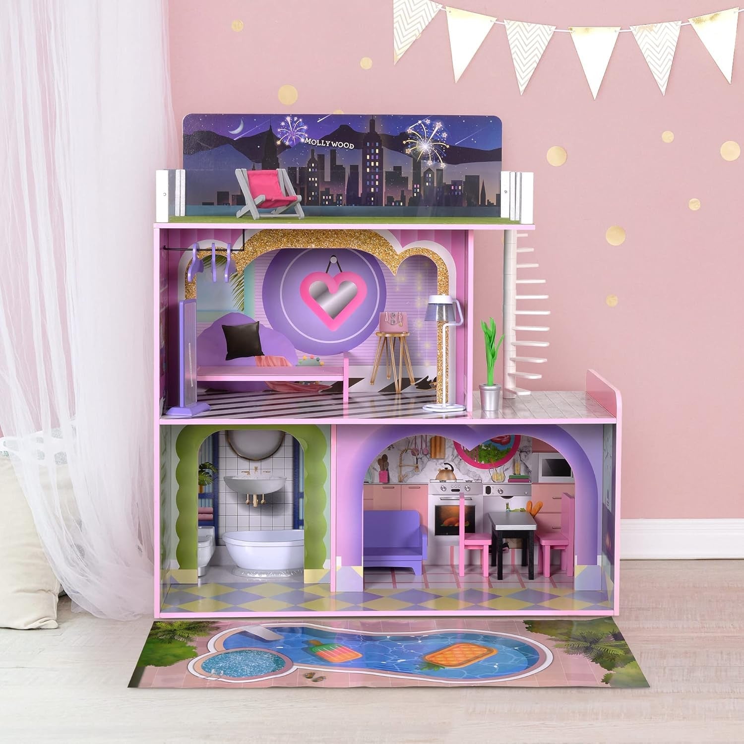 Olivia's Little World Big Dreamland Sunset Contemporary, Casă de păpuși interactivă din lemn pentru copii, 3 etaje, cu 16 accesorii pentru mobilier de păpuși, multicoloră, TD-13616A