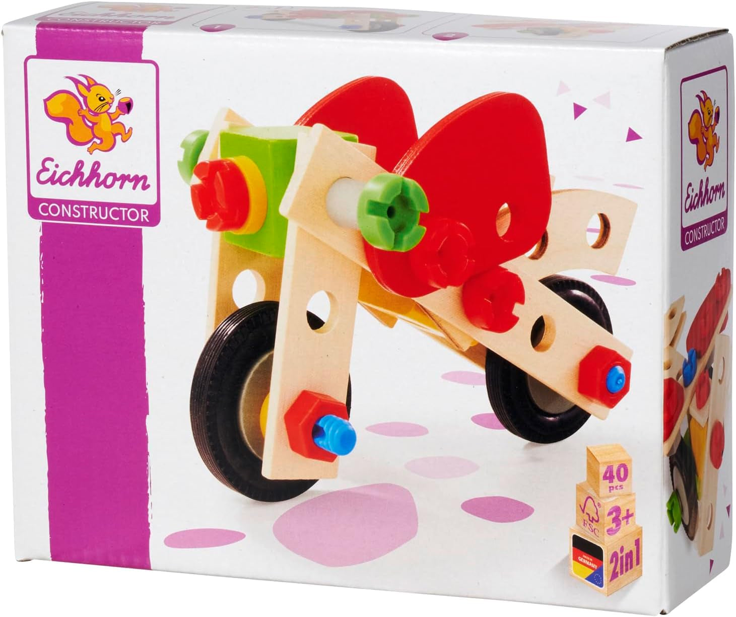 Eichhorn - Constructor Motorrad, 2 Verschiedene Modelvarianten baubar, Konstruktionsspielzeug mit 40 Teilen, vielseitiges Holzspielzeug, 100% FSC zertifiziertes Buchenholz, ab 3 Jahren