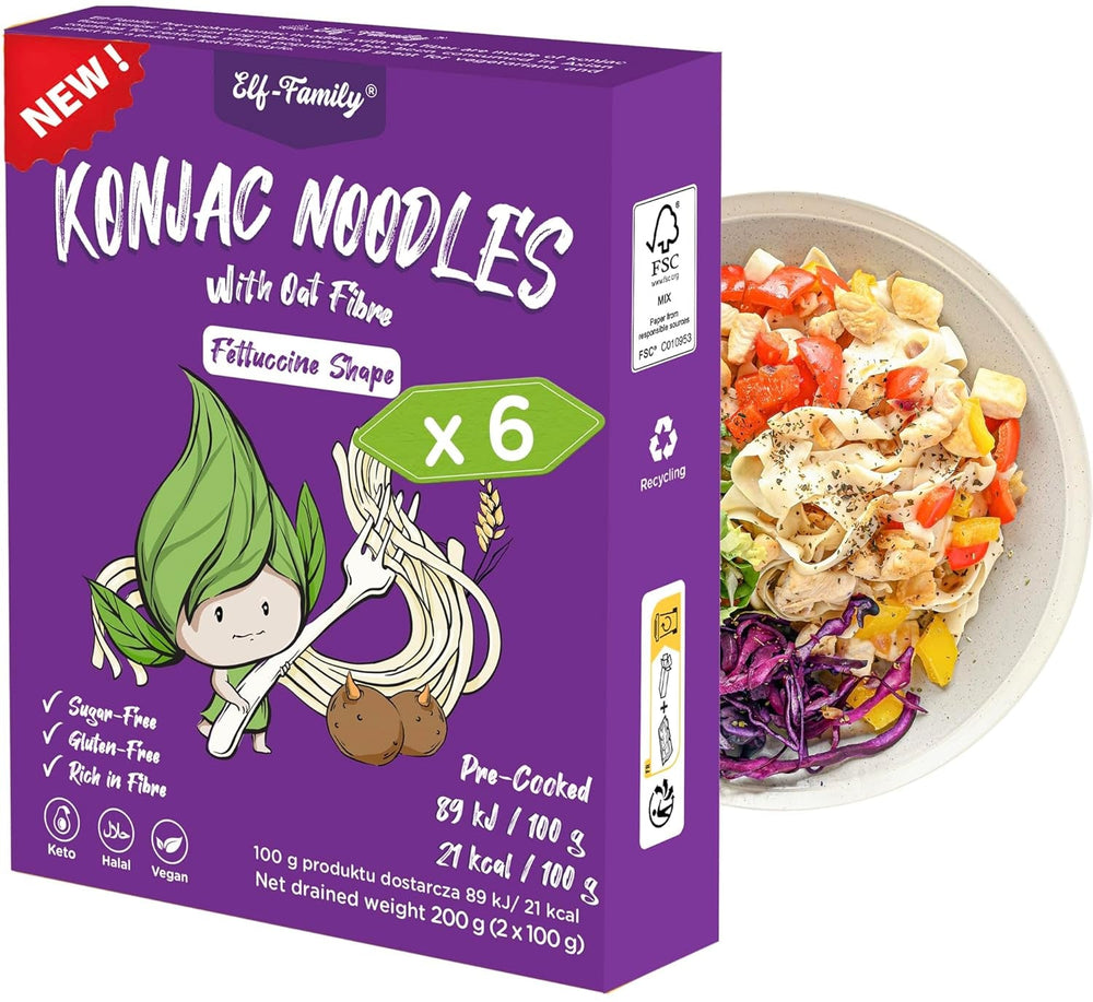 Tăiței Konjac Premium din Thailanda, Vegani, Fără Gluten - 240g x Pachet de 6 (12 pachete), Tăiței Shirataki Elf-Family, Tăiței Instant, Paste/Keto/Conținut scăzut de carbohidrați/Conținut scăzut de calorii/Fără zahăr - Spaghete și Fettuccine