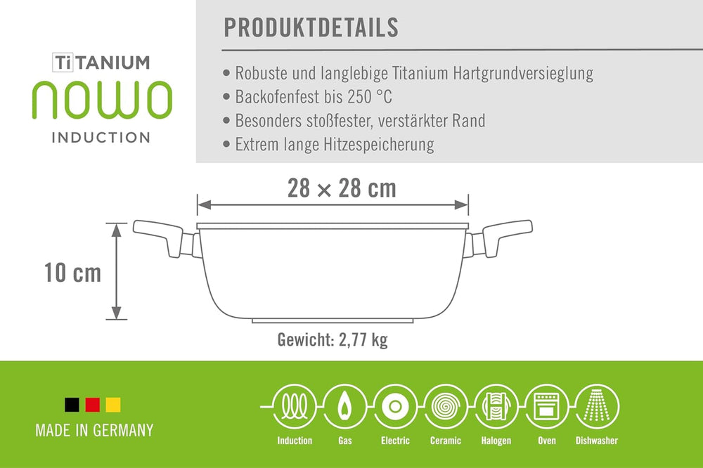 Woll Nowo Titanium Guss-Kasserolle Viereckig - Induktiv -, 28 X 28 Cm, 10 Cm Hoch, 6.0 Liter, Mit 2 Seitengriffen - Geeignet Für Alle Herdarten, Aluminium, Backofenfest, Schwarz Matrite si tavi pentru copt Naty Shop