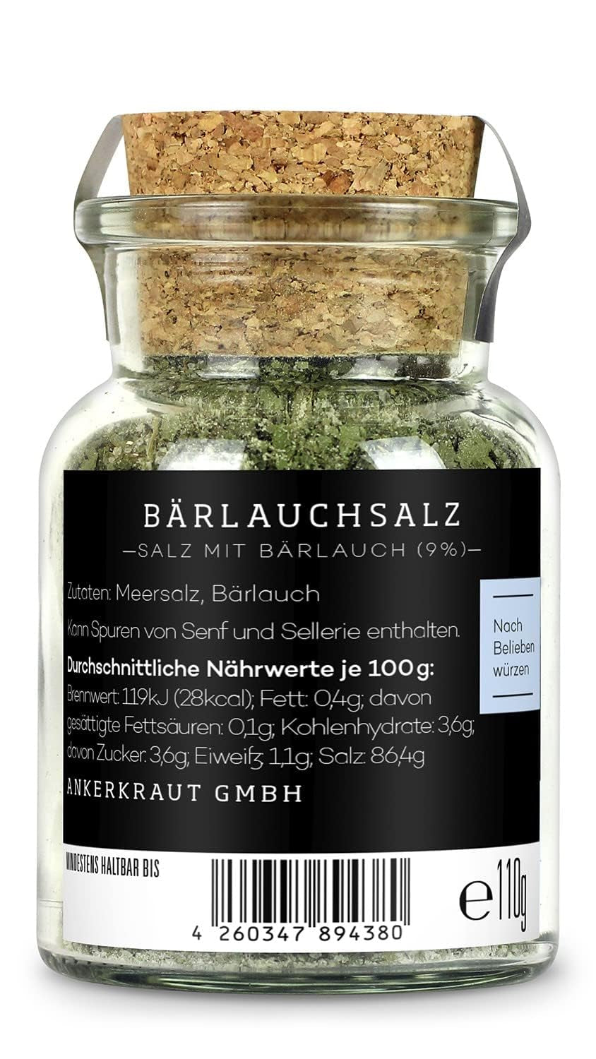 Ankerkraut Bärlauch Salz, Lecker Fleisch und Salat Verfeinern, Knoblauch-like Geschmack Aroma, Kräuter mit Gewürz zum Kochen, 110 g im Korkenglas
