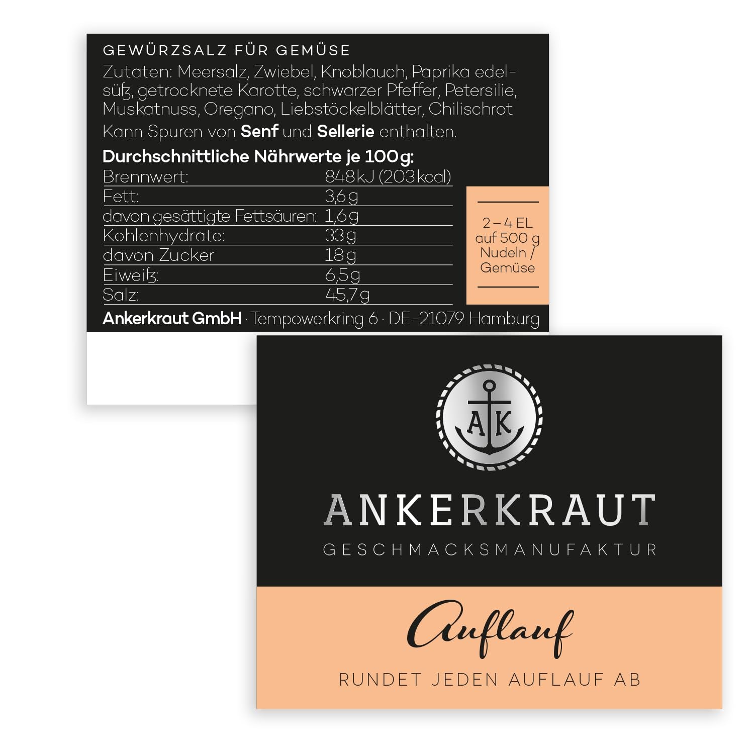 Ankerkraut Auflauf, für Gemüse-, Kartoffel- und Nudelauflauf, Gewürzsalz mit Pfeffer, Petersilie, Knoblauch, Karotte, 90 g im Korkenglas