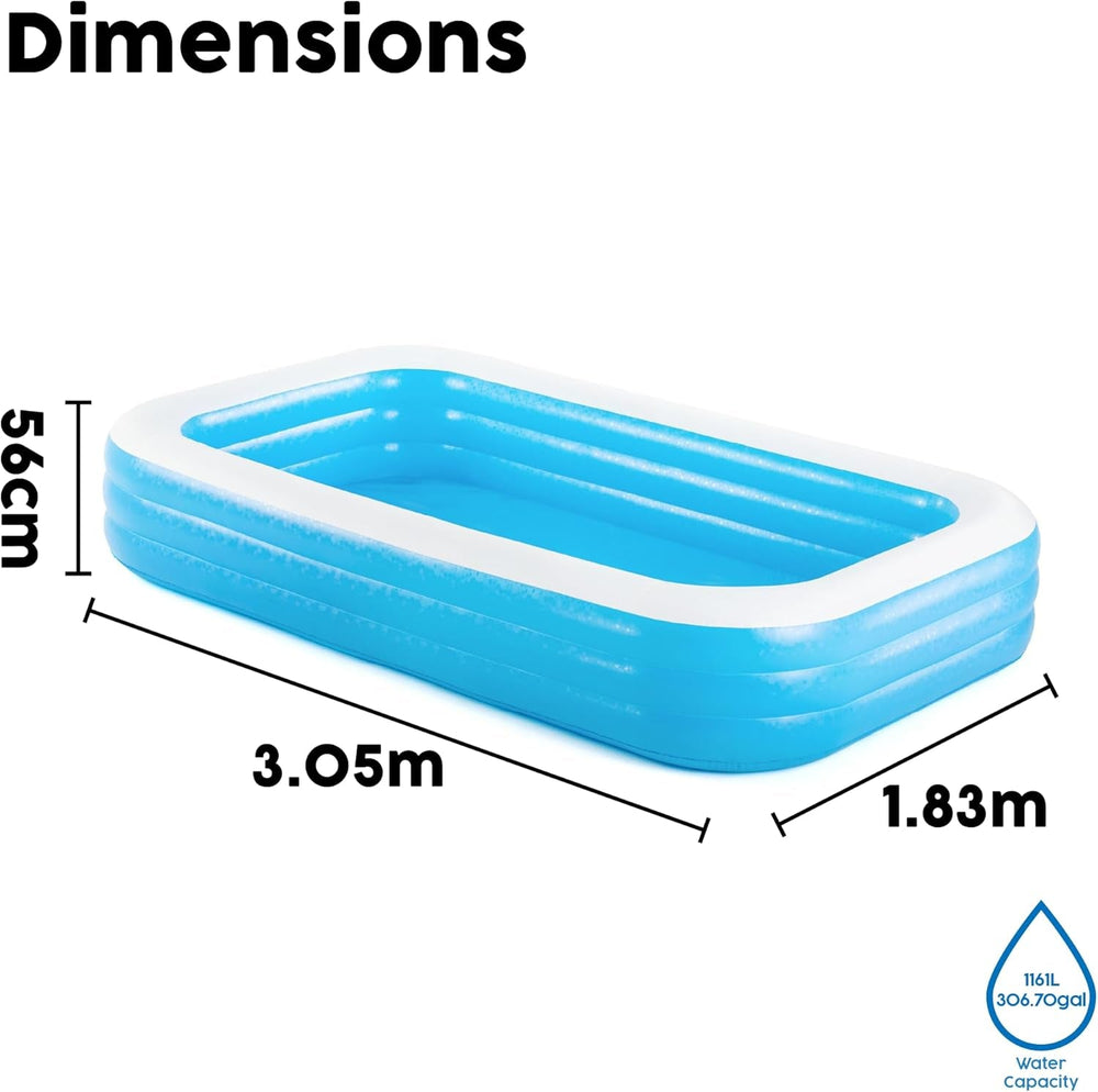 Bestway Family Pool Deluxe, piscină dreptunghiulară pentru copii, ușor de instalat, albastră, 305x183x56 cm Saltele gonflabile și accesorii gonflabile 305x183x56 cm Culoare