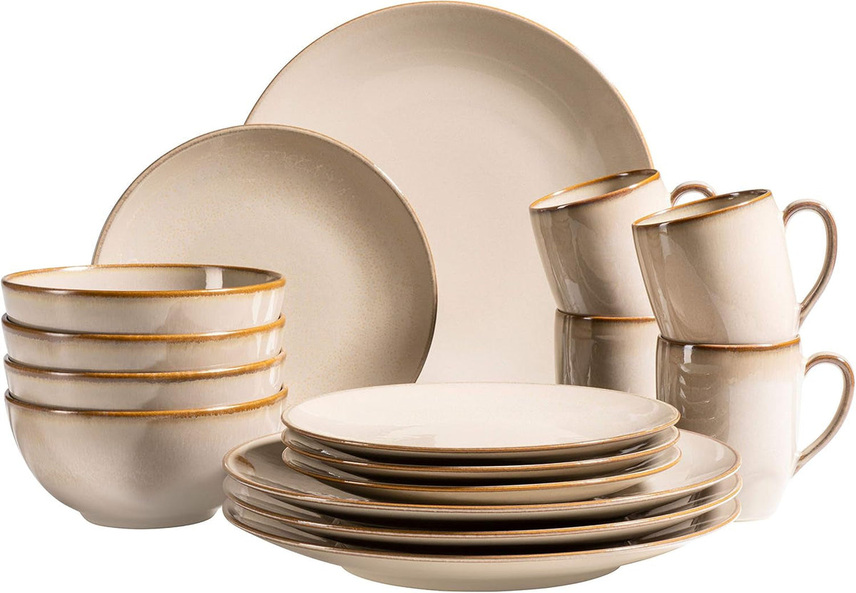 Set de veselă MÄSER 931736 pentru 4 persoane în aspect vintage mediteranean, serviciu combinat cu 16 piese în gri nisipos, ceramică, gri nisipos