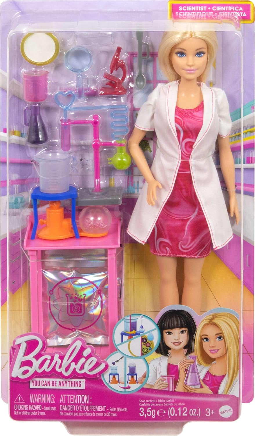 Păpușa Barbie Savantă și accesorii cu păpușă blondă la modă, masă de laborator, microscop, pahar care își schimbă culoarea și vas Petri, JCR70