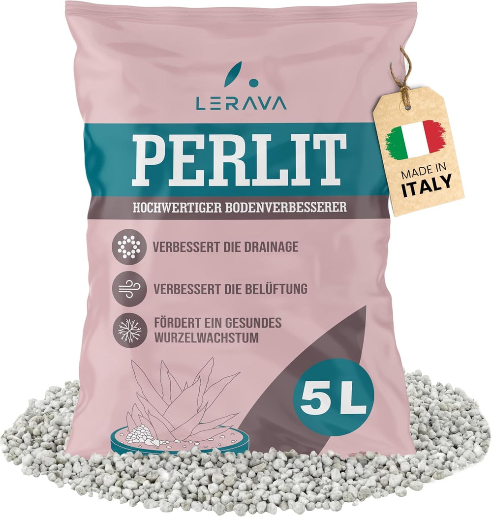 LERAVA® Perlit pentru plante (5L) – Perlit cu granulație grosieră pentru îmbunătățirea solului – Asigură drenaj și aerare optime – Aditiv natural pentru sol și hidroponie – Granule pentru plante