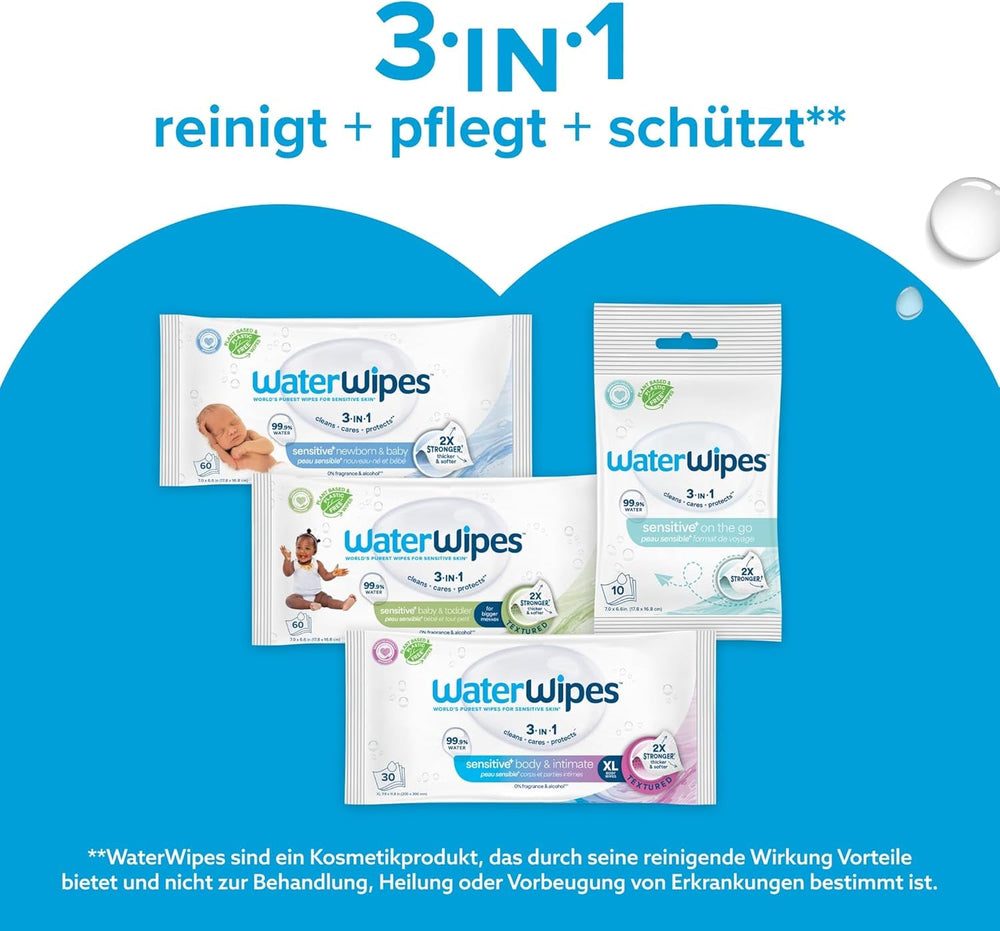 Șervețele umede WaterWipes Sensitive+ pentru nou-născuți și bebeluși, 720 bucăți (12 pachete), curățare, îngrijire, protecție 3 în 1, 99,9% apă, fără parfum