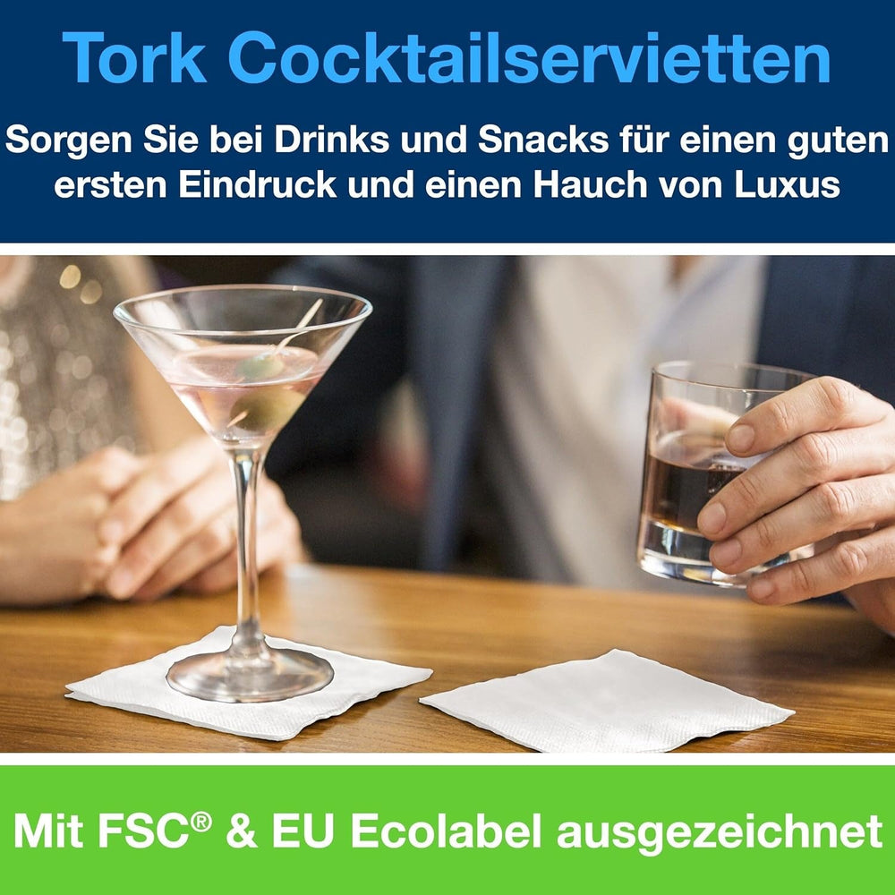 Șervețele Tork Cocktail White, 1/4-fold, 2 straturi, 24 cm × 24 cm, 200 șervețele, 477534