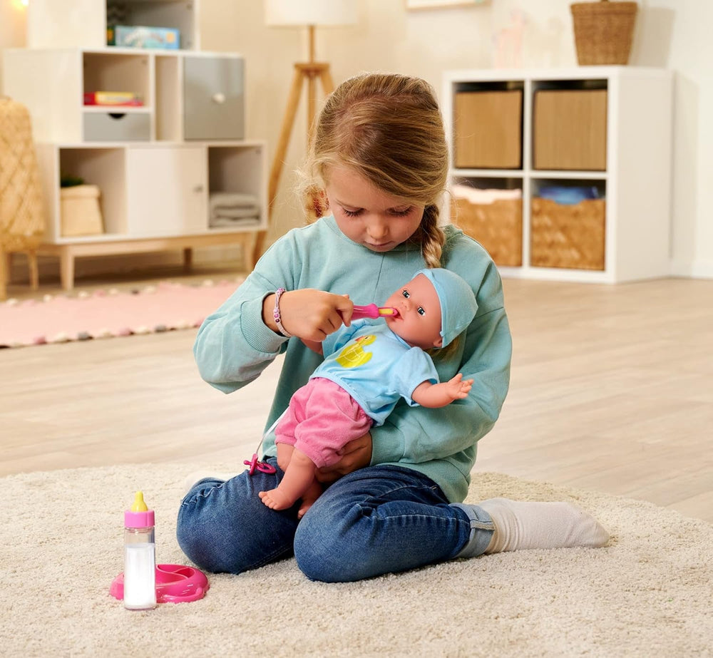Simba 105010964 - Laura Hungry, Weichkörperpuppe mit Schnuller, magischem Löffel, Trinkfläschchen mit verschwindendem Inhalt und Tellerchen, 38cm, Babypuppe ab 2 Jahren