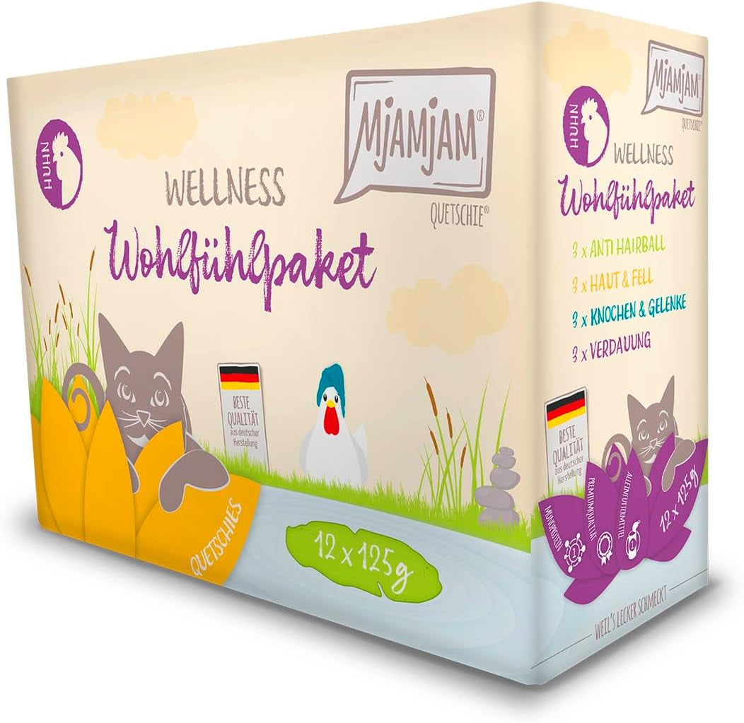 MjAMjAM – Hrană umedă premium pentru pisici - Pachet Wellness cu pui, pachet de 12 (12 x 125 g), fără cereale cu carne suplimentară