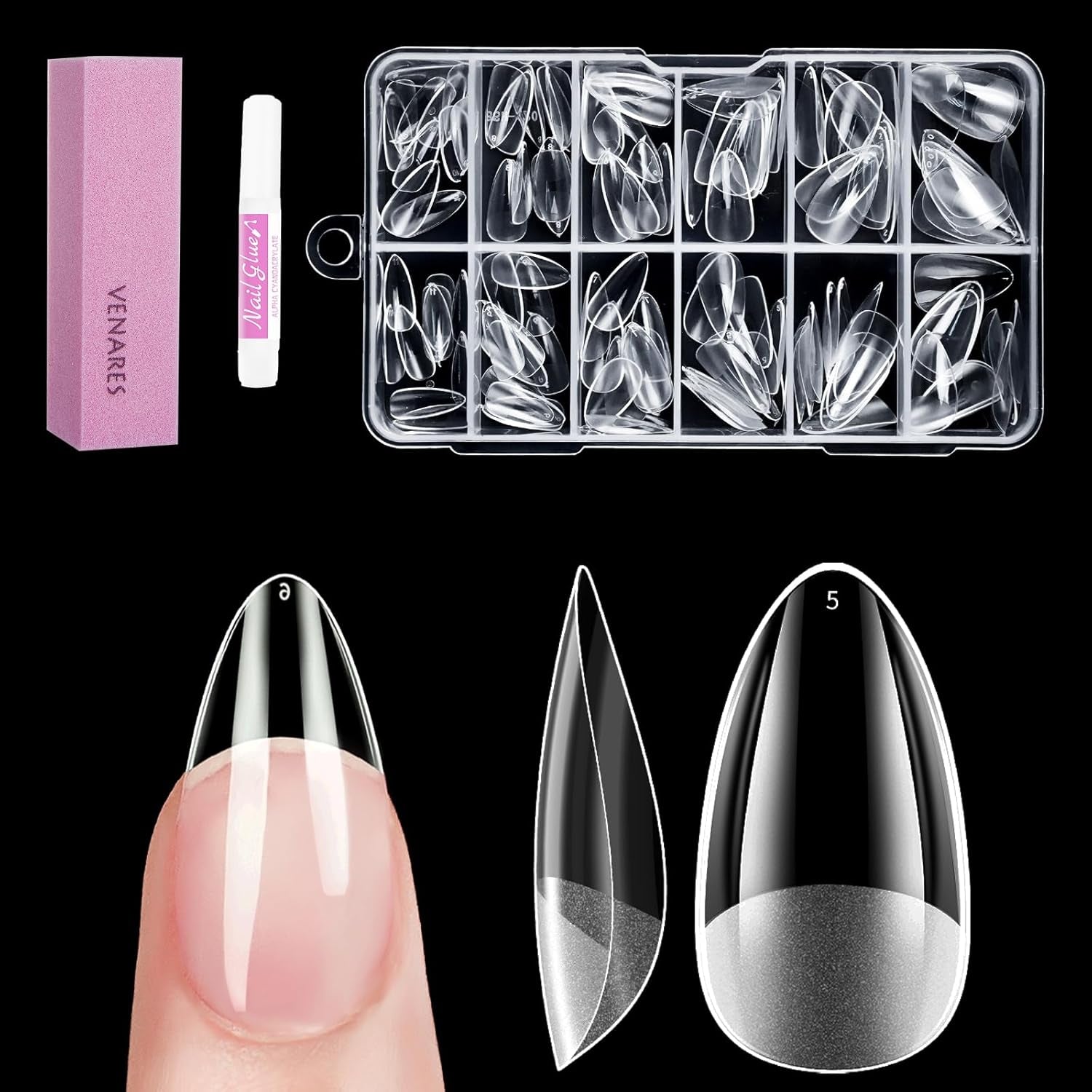 Tipuri de unghii pentru unghii cu gel, set 120 bucăți unghii artificiale scurte, culoare migdale, 11 dimensiuni unghii cu gel, tipuri de unghii cu lipici, bloc de buffer pentru unghii