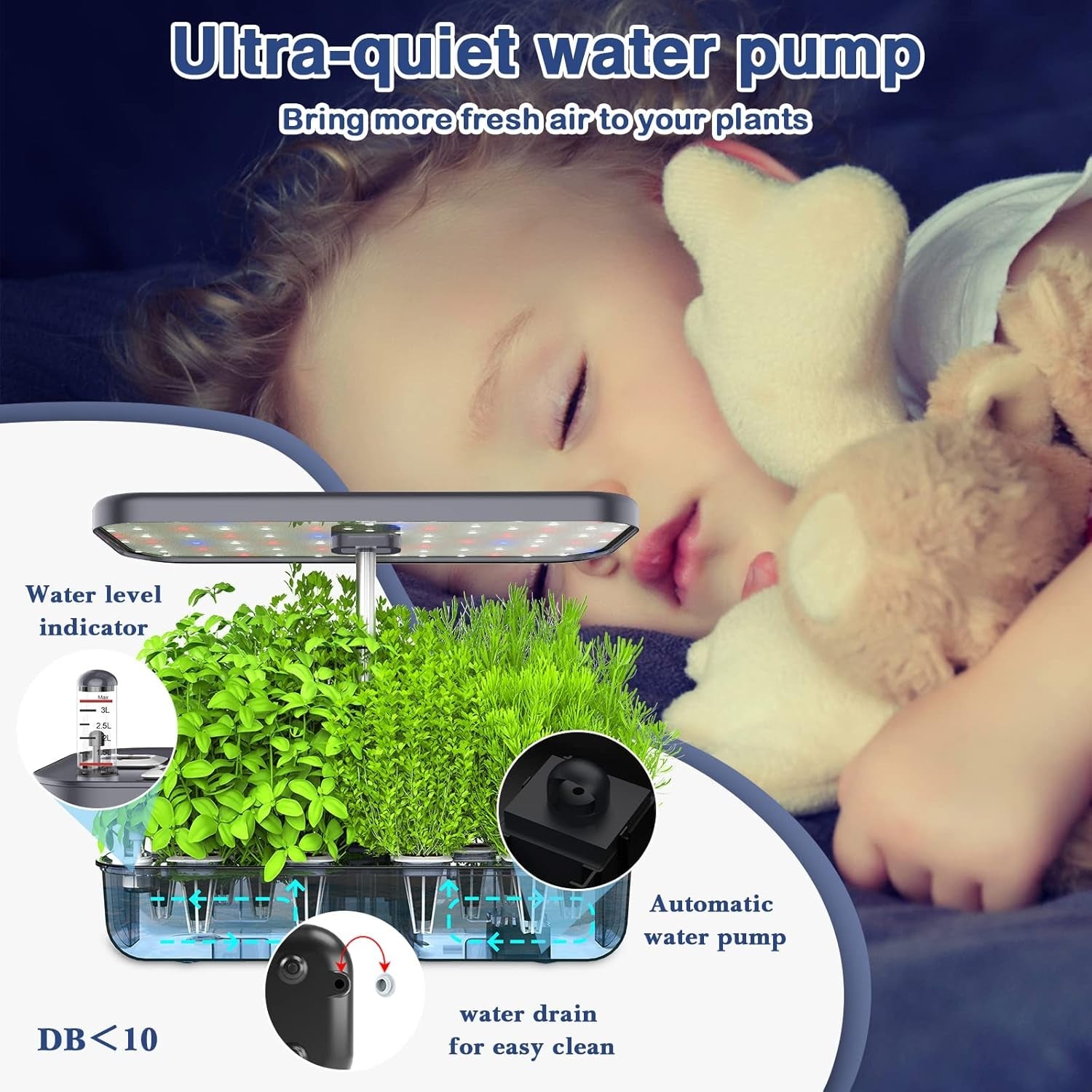 Sistem de creștere hidroponică cu 12 ustensile, Set de grădină de plante aromatice de interior cu lumină LED, Grădină inteligentă pentru casă, Bucătărie, Kit de germinare cu temporizator automat (Gri)