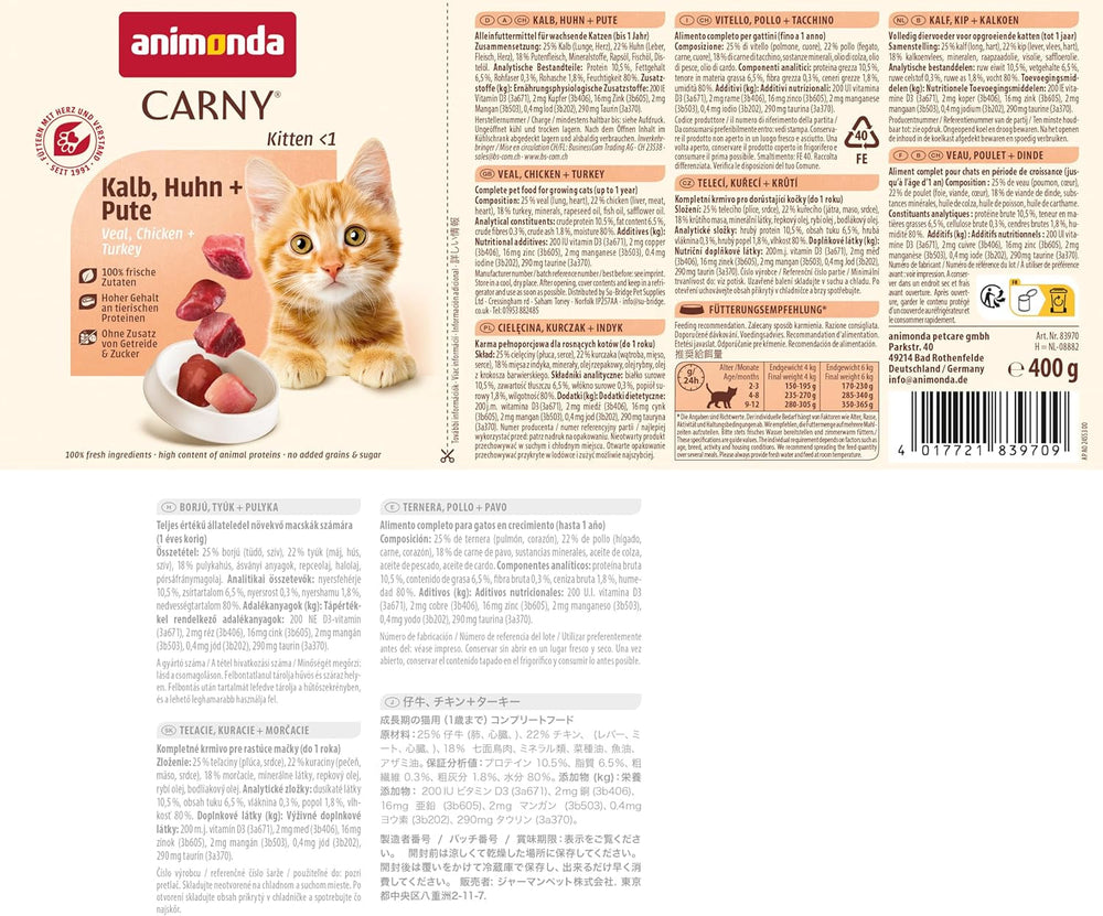 animonda Carny Katzen Nassfutter Kitten Huhn + Pute (12 x 400g), Kitten getreidefreies Katzennassfutter ohne Zucker für wachsende Kätzchen bis 1 Jahr, mit frischen Zutaten