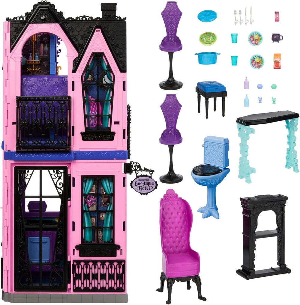 Casă de păpuși Monster High Buh-tique Hotel, set de joacă pliabil cu surprize înfricoșătoare în fiecare cameră și peste 13 piese de joacă, inclusiv mobilier și accesorii, JBF16