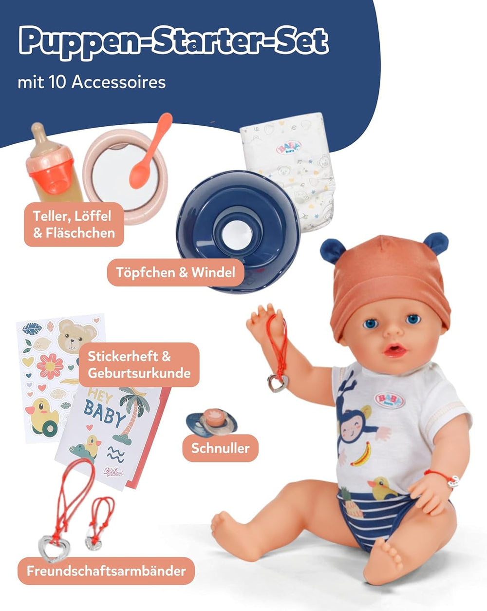 Baby Born Emma im Dschungel-Style - 43 cm große Babypuppe - 10 Funktionen inkl. Accessoires & Strampler in Unisex Farben - Funktioniert ohne Batterien - Geeignet für Kinder ab 3 Jahren