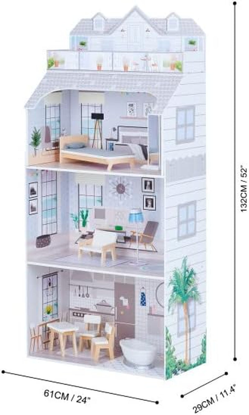 Teamson Kids Casa de păpuși gigantică Olivia's Little World cu mobilier și accesorii, casă de păpuși din lemn, joc cu 3 etaje pentru păpuși de 30 cm, vârste 3+