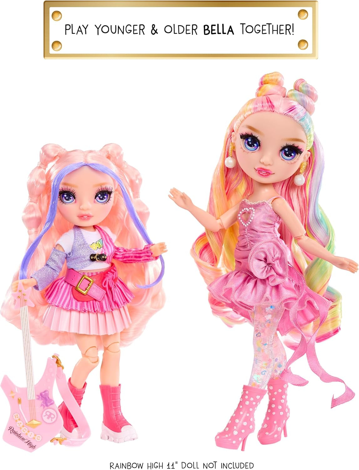 Rainbow High Junior High Rock Band - Bella, Pink - 23 cm Modepuppe mit Bassgitarre, Individuell mit Aufklebern Gestaltbar, Beweglich, Süßes Spielzeug für Kinder ab 4 Jahren