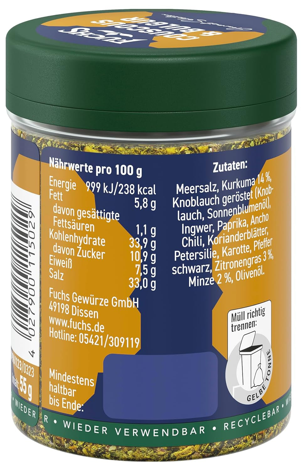 Fuchs Spices Gourmet Selection Middle East/Africa – Mix de condimente pentru couscous și bulgur, mix de condimente reîncărcabil, pentru asezonarea mâncărurilor cu bulgur, vegan, 55 g