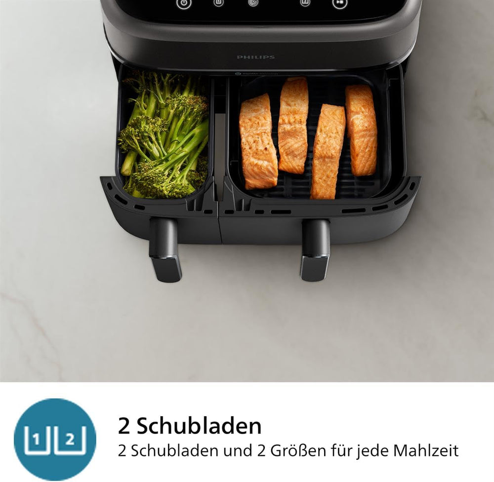 Philips Airfryer Dual Basket 3000 Series, 9L, 2 coșuri, 2 feluri de mâncare gata în același timp, tehnologie Rapidair plus cu aer cald Electrocasnice Naty Shop