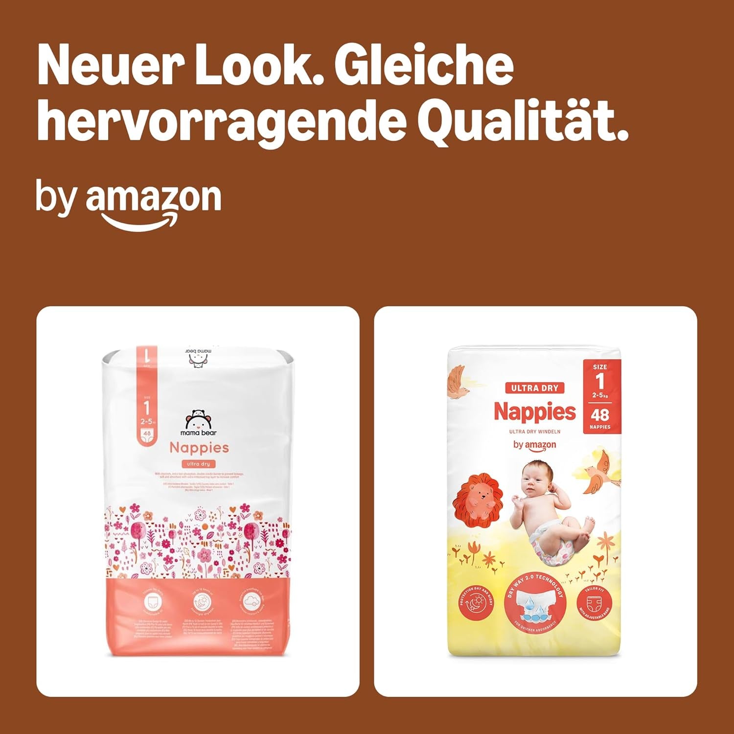 Scutece Ultra Dry de la Amazon, mărimea 1 (2-5 kg) - Cutie lunară, alb, 96 bucăți (2 pachete a câte 48) (anterior sub marca Mama Bear, produs identic)
