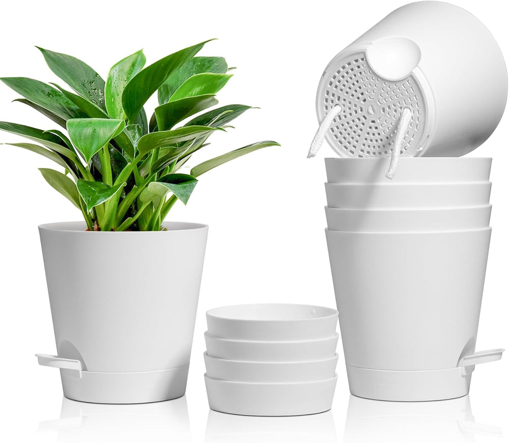 Ghiveci de flori din plastic T4U de 14 cm cu sistem de udare, set de 6 ghivece cu auto-udare și farfurioare, ghivece rotunde pentru plante de grădină de interior și balcon, suculente, cactuși, alb