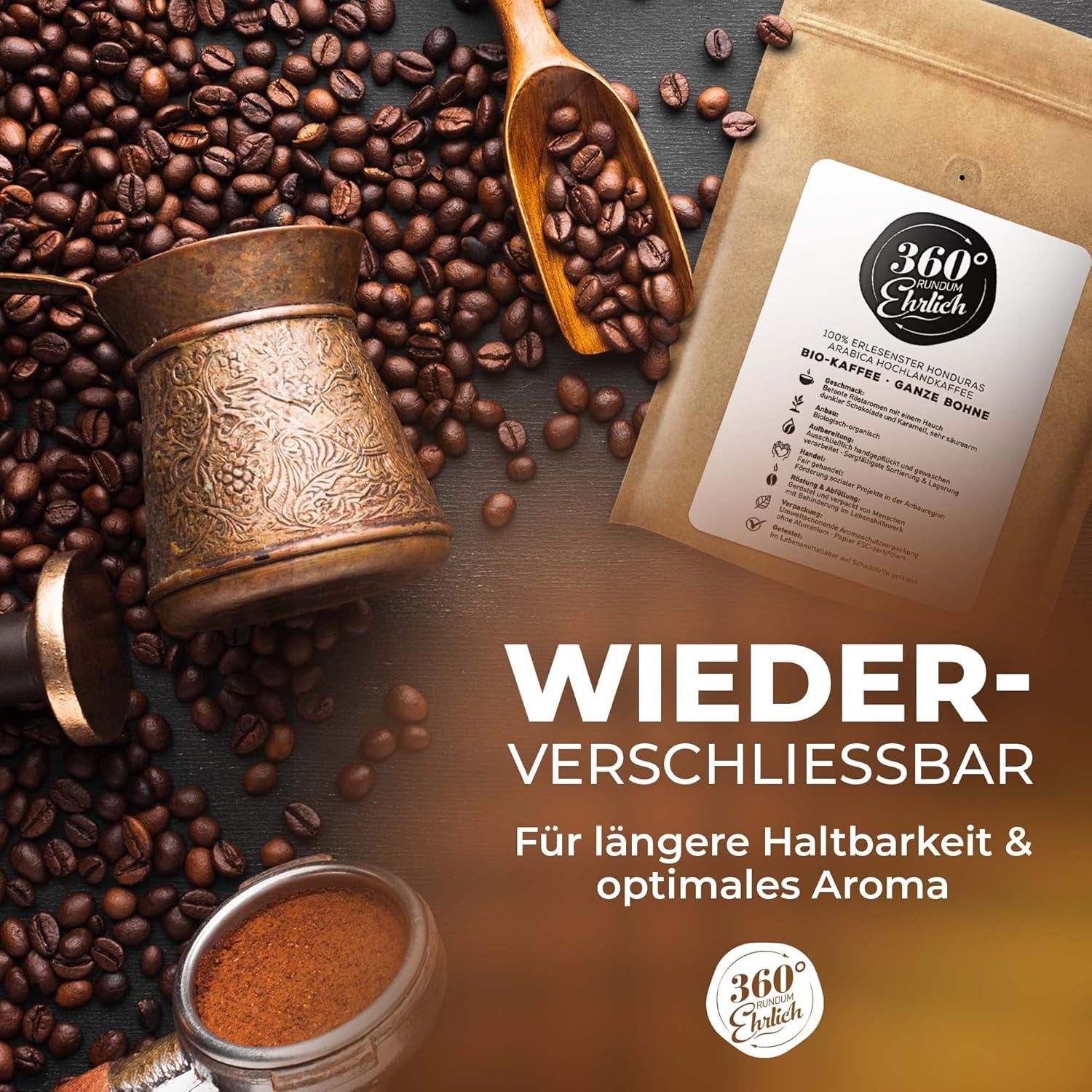 Premium Bio Kaffeebohnen 1000g, 100% Honduras Hochland Arabica Kaffeebohnen Bio - Köstlich, mild, säurearm - Bio Kaffee ganze Bohnen - Ideal als Kaffeebohnen Vollautomat - 360° Rundum Ehrlich