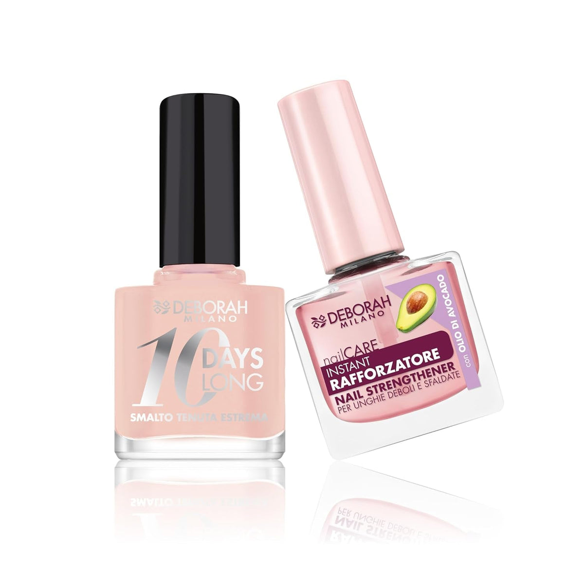 Set de ojă Milano pentru întărirea unghiilor fragile și umflate, 9,5 ml și ojă 10 Days Long N.882 Nude Rose, efect lucios cu fixare îndelungată, 11 ml