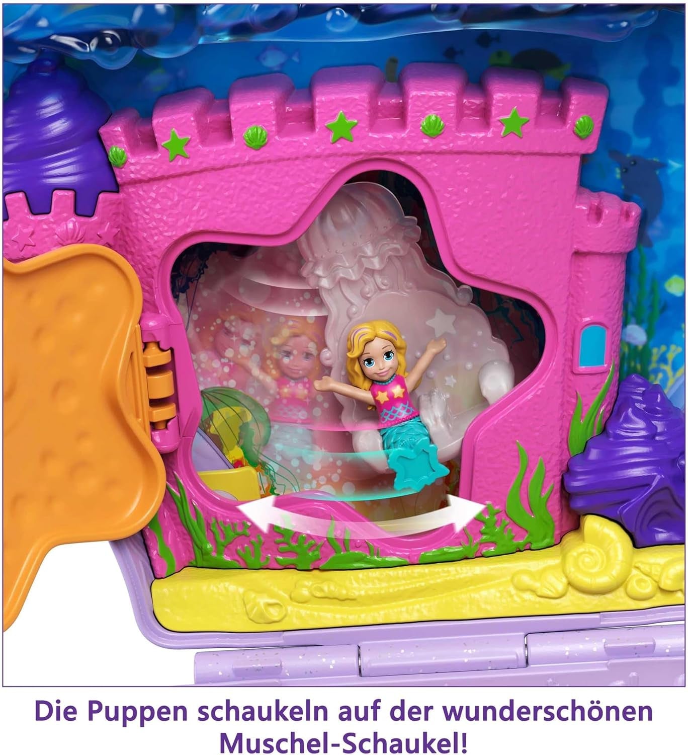 Cutie de depozitare Polly Pocket, geantă cu scoici și temă subacvatică, cu 2 păpuși și 1 submarin, jucărie sirenă Polly Pocket, jucărie pentru vârste de 4 ani și peste, GNH11