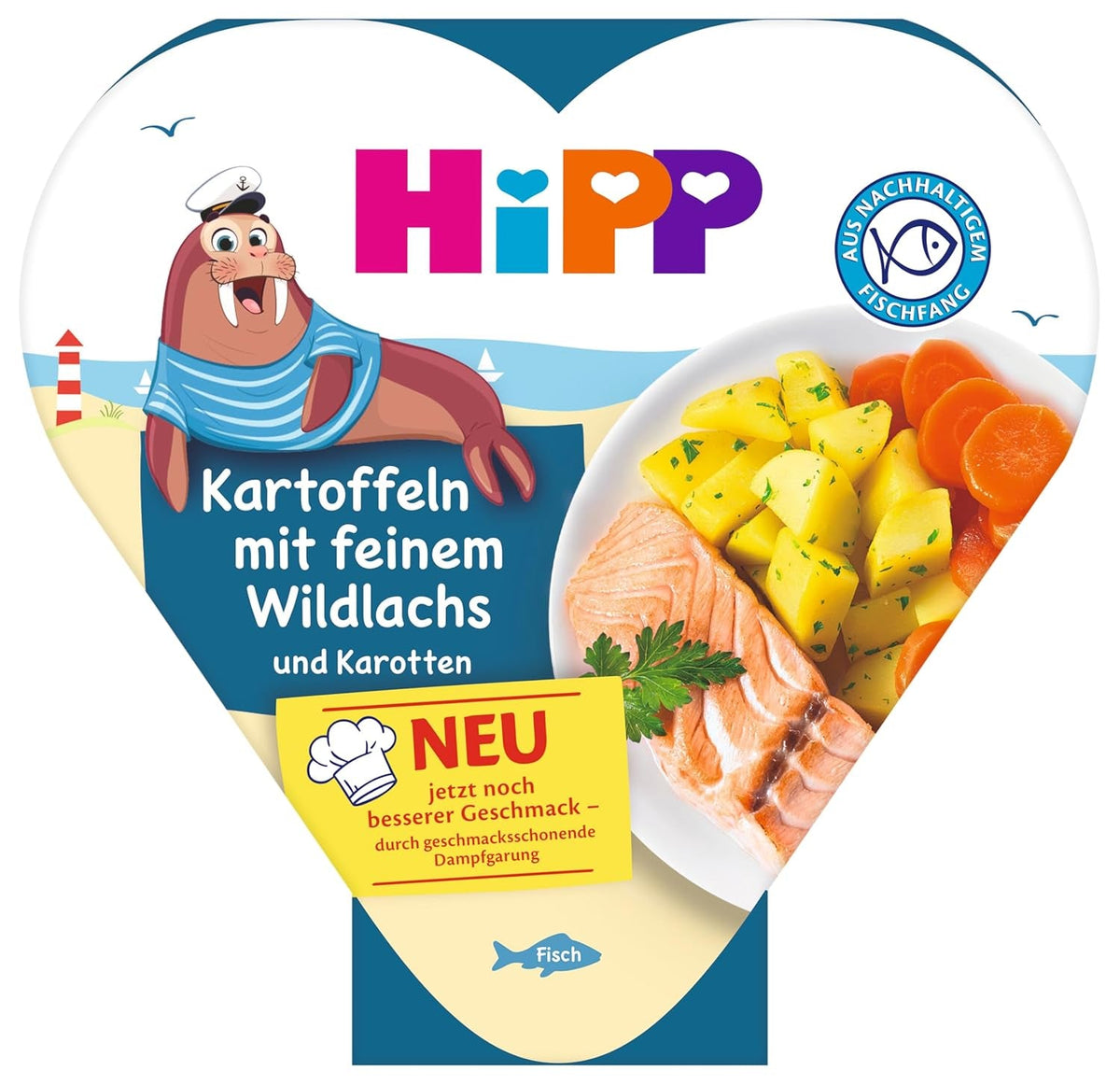Cartofi HiPP cu somon sălbatic fin și morcovi (6x250g), de la 1 an, ușor aburiți, condimentați pentru copii, proveniți din pescuit sustenabil