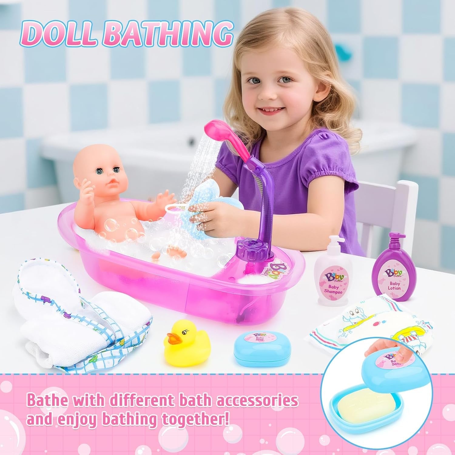 Set cădiță de baie pentru păpuși deAO, păpușă interactivă de 33 cm, baie pentru păpuși, set de joacă pentru păpuși cu suzetă, haine pentru păpuși, halat de baie, scutece pentru păpuși, cadă și spray de duș funcțional