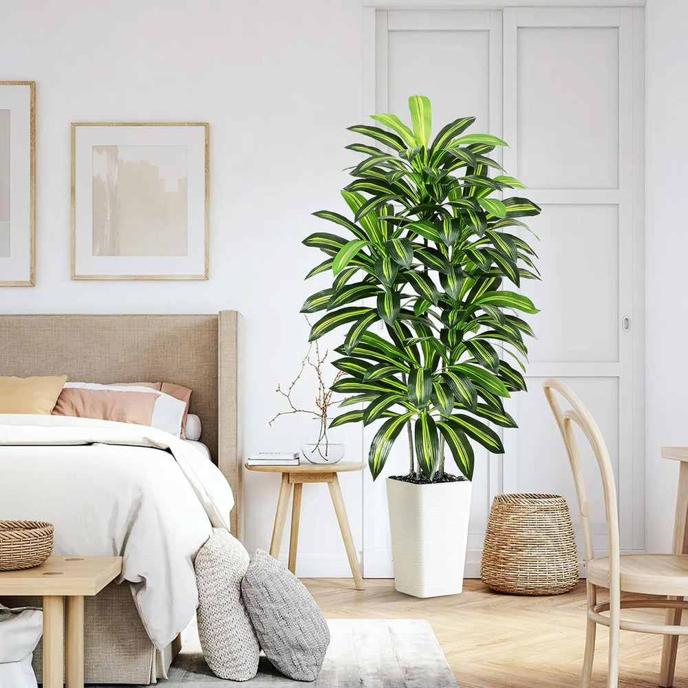 Künstlicher Dracaenabaum,Kunstpflanzen Groß,Faux Tree Mit Weißem Hohen Pflanzer Realistische Kunstpflanze Dracaena,Kunstpflanzen Für Wohnzimmer, Büro & Garten(1, Weißer Hoher Pflanzer, 150Cm)