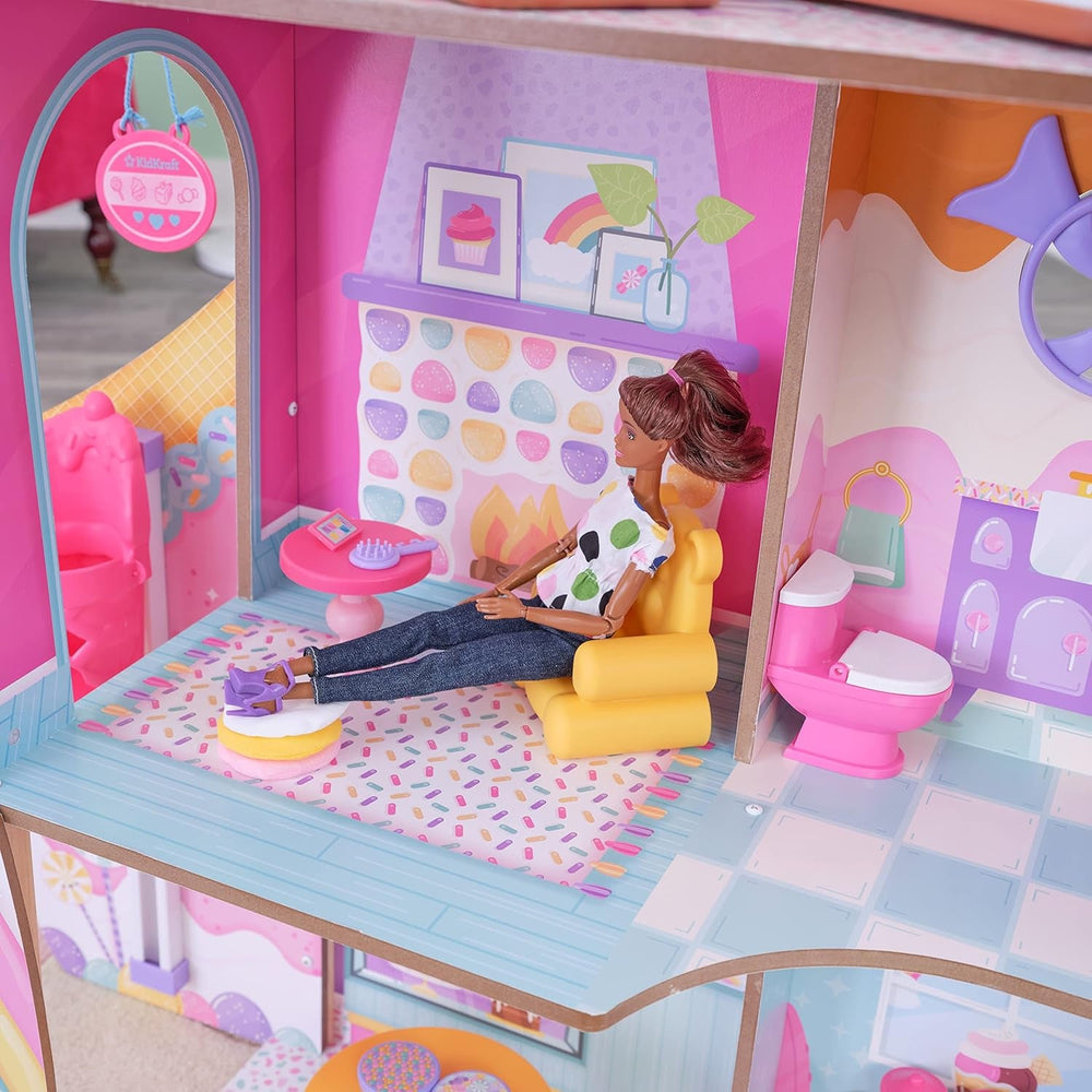 KidKraft Casă de păpuși din lemn, Castel cu bomboane, cu mobilier și accesorii, Casă cu figurină lamă unicorn, lift cornet de înghețată și scaun ursuleț gumat pentru păpuși, Jucărie pentru copii de la 3 ani în sus, 20242