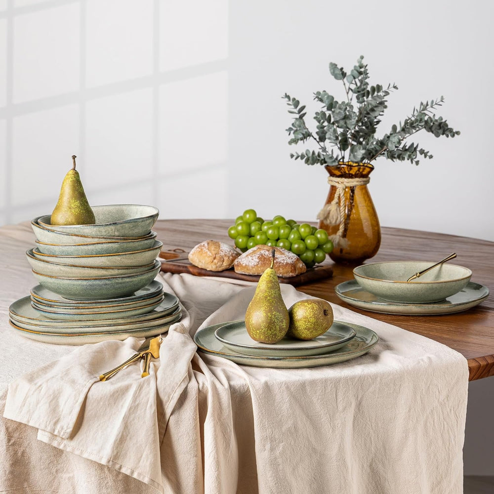Set de veselă GBhome din gresie pentru 6 persoane, 24 de piese, glazură reactivă, lucrat manual, potrivit pentru cuptorul cu microunde și mașina de spălat vase, set de boluri și farfurii, Desret Sage, GDW007GY-24P-EU