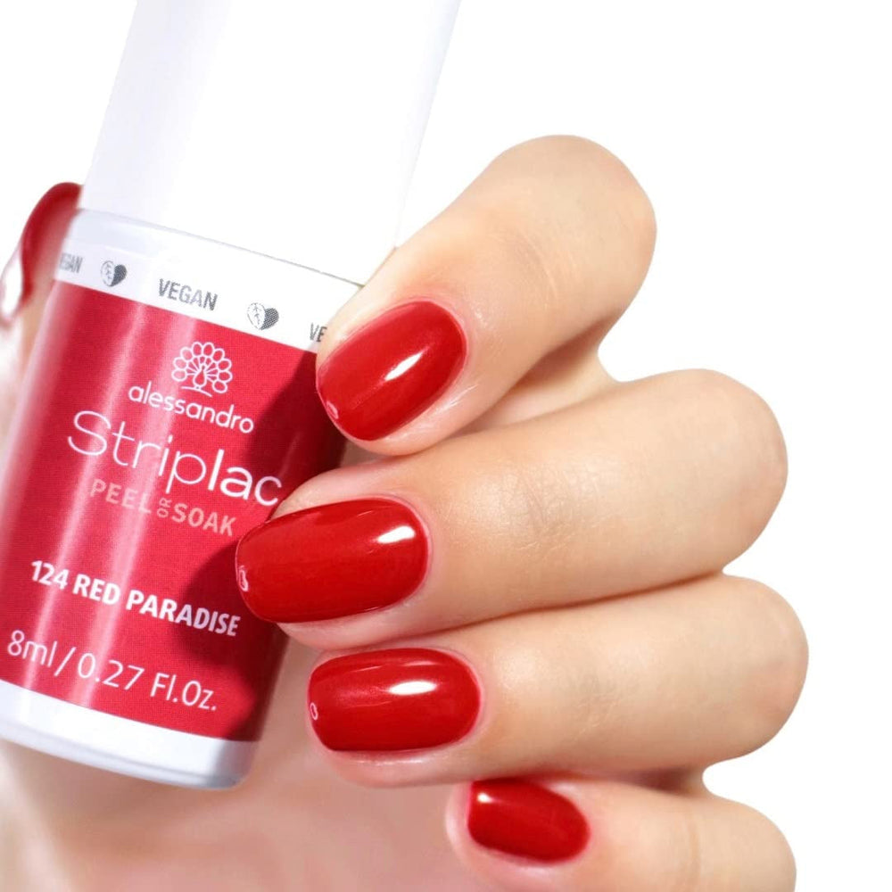Oja UV alessandro Striplac Red Paradise – Delicată și de lungă durată – Îndepărtare ușoară datorită tehnologiei de îndepărtare – Vegană și fără cruzime – 8 ml