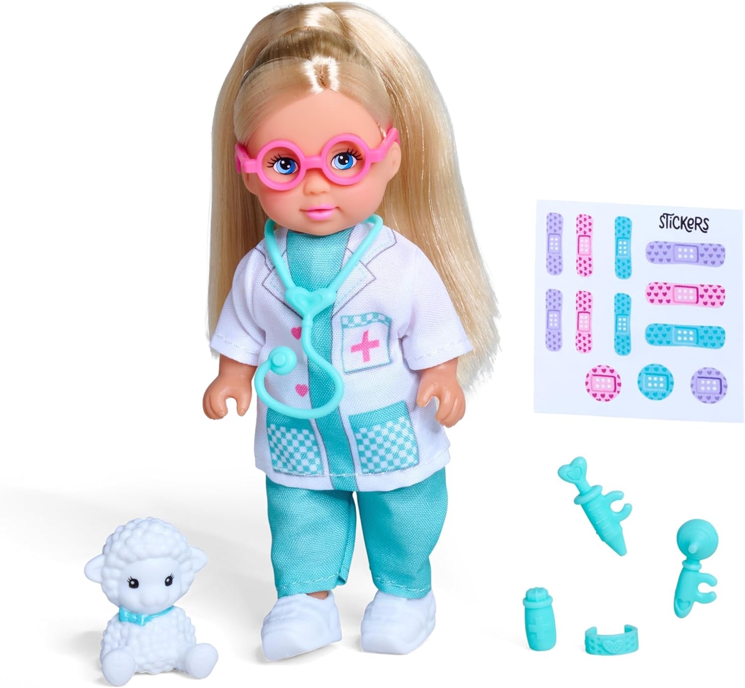Simba Evi Love Pet Doctor – Puppe (12 cm) als Tierärztin mit Plüsch‑Tier & Arztzubehör, kreatives Rollenspiel für Kinder ab 3 Jahren