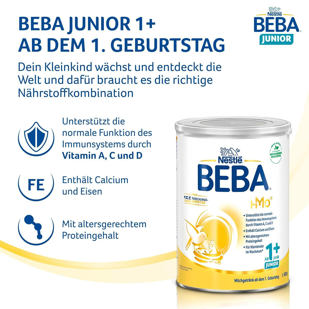 Băutură cu lapte BEBA Junior 1+ de la 1 an, Cu HMO, Conținut de proteine adaptat vârstei, Numai lactoză, Fără ulei de palmier, Fără ulei de pește, Hrană pentru copii mici, Lapte praf pentru bebeluși, Pachet de 6 (6 x 800g)