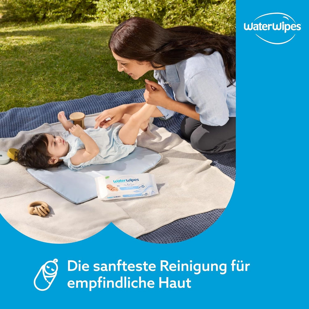 Șervețele umede WaterWipes Sensitive+ pentru nou-născuți și bebeluși, 360 bucăți (6 pachete), curățare, îngrijire, protecție 3 în 1, 99,9% apă, fără parfum