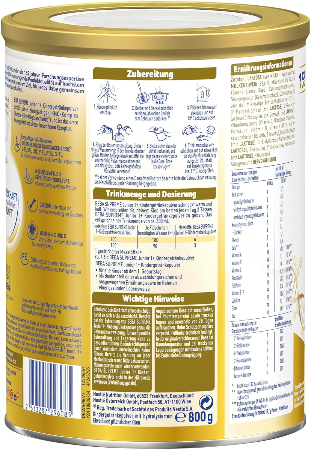 BEBA SUPREME JUNIOR 1 Plus - Băutură pentru copii de la 1 an, cu complex 6 HMO, fără lactoză, fără ulei de palmier, fără ulei de pește, hrană pentru copii mici, lapte praf pentru bebeluși, pachet de 6 (6 x 800g)