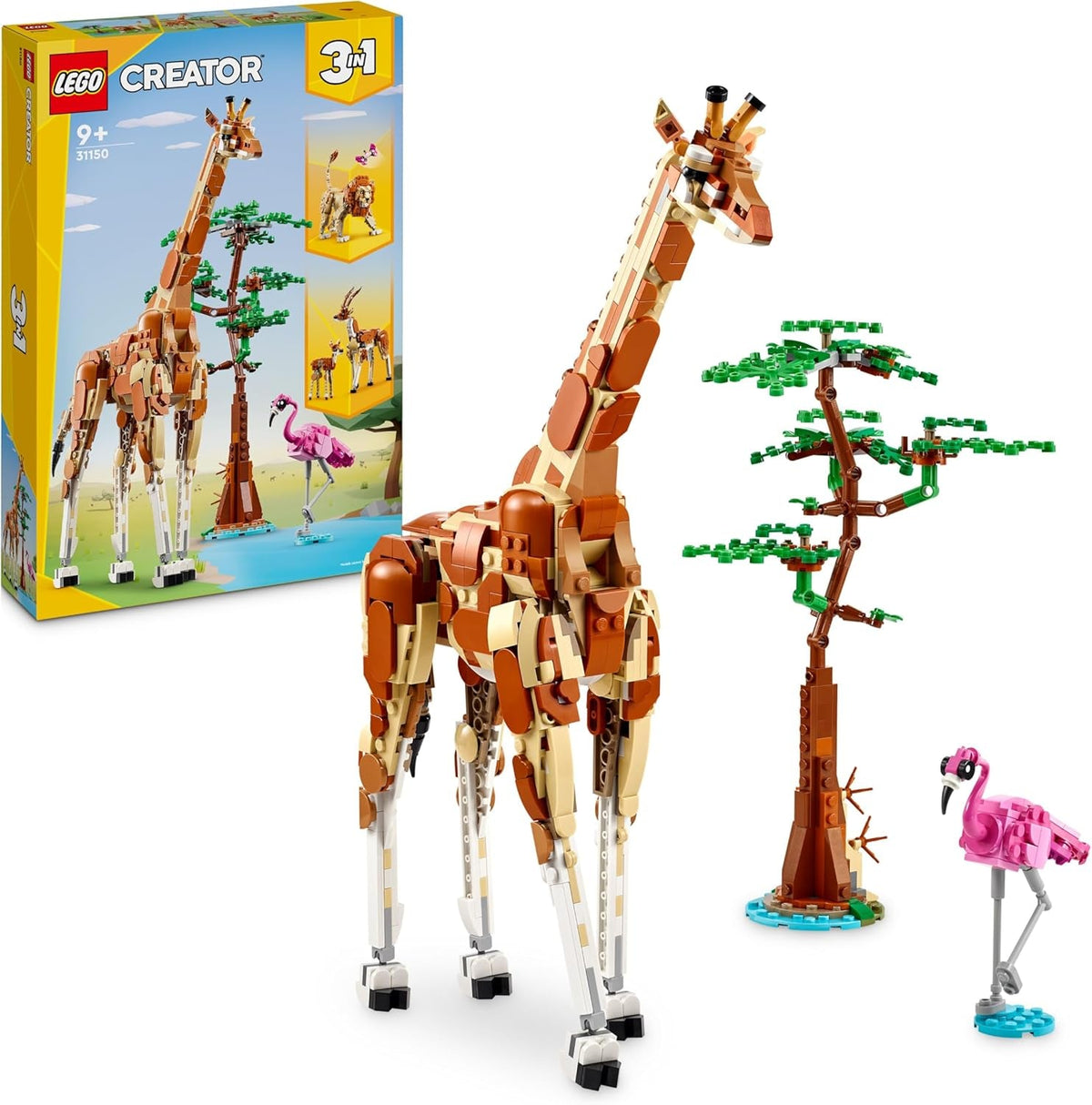 LEGO Creator 3in1 Wild Safari Animals, Giraffe Toy to Gazelle Figures to Lion Model, Set for Kids, Girls & Boys Aged 9 Plus, Includes Flamingo and Butterfly, Nature Gifts for Imaginative Play 31150