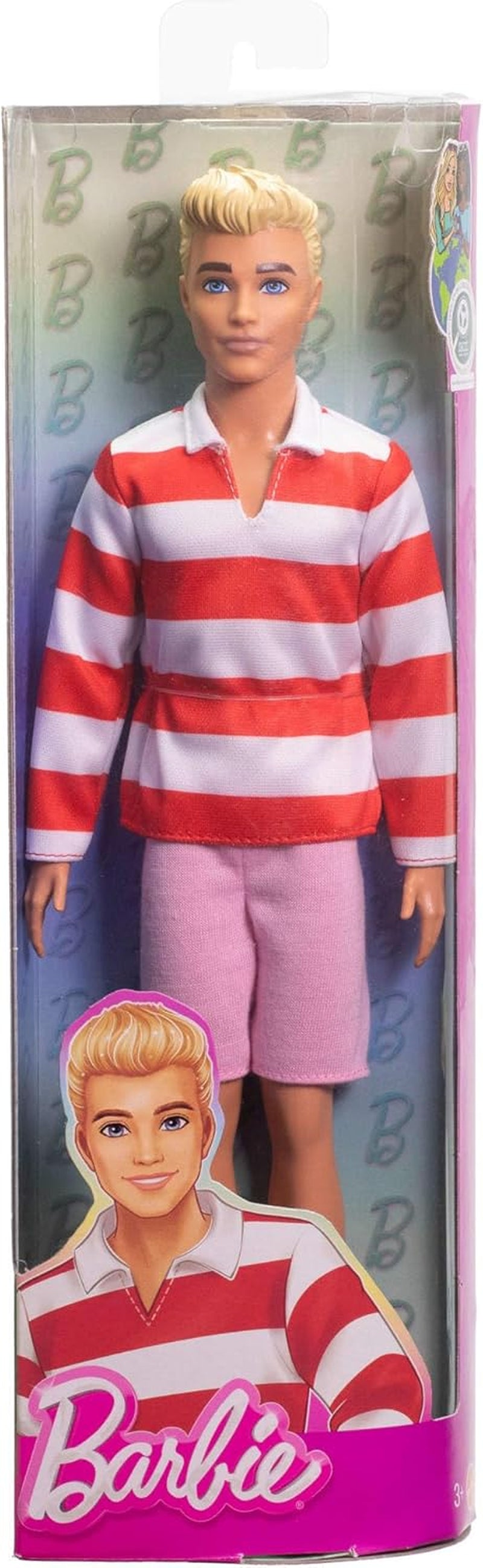 Barbie Fashionistas Ken-Puppe Nr. 241 mit blonden Haaren und einem rot-weiß gestreiftem Polohemd mit rosafarbener kurzer Hose, weißen Crew-Socken und Sneakern, HYV01