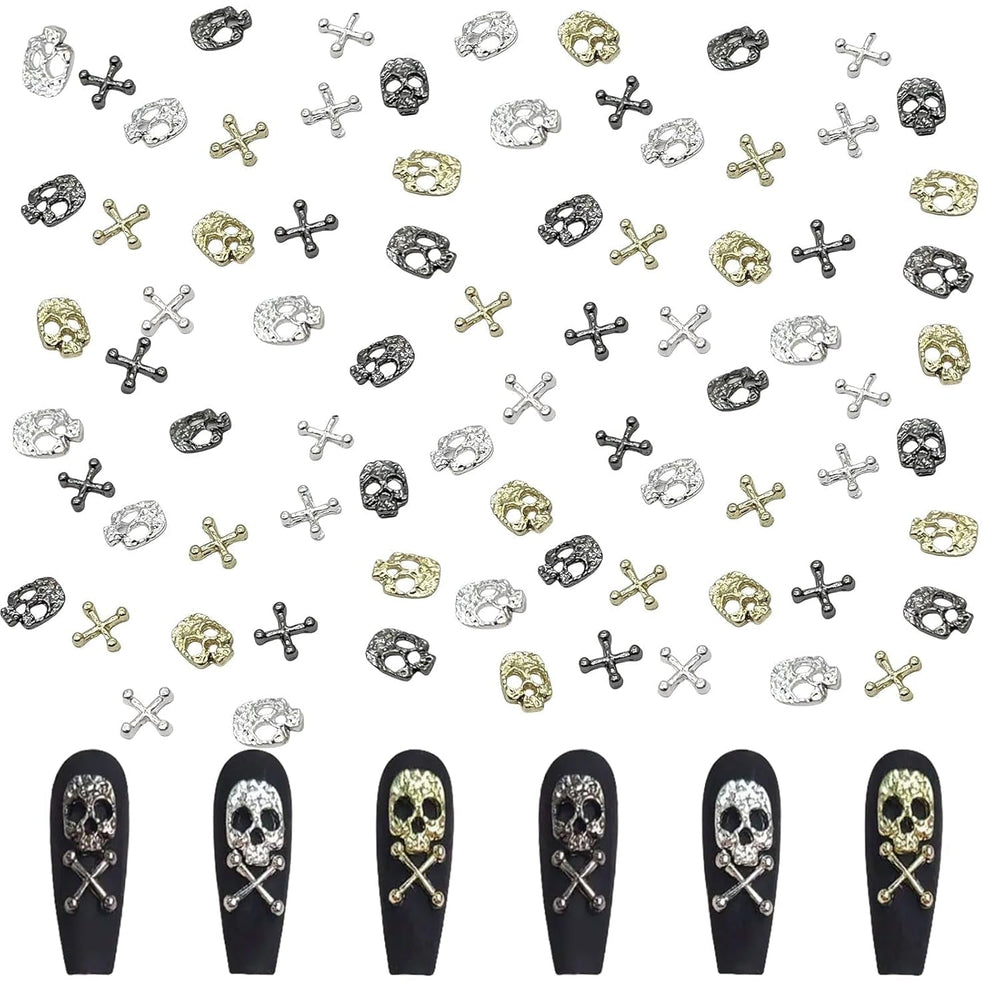 Set de decorațiuni pentru unghii cu craniu în formă de cruce, 120 de piese, brelocuri pentru unghii din metal auriu-argintiu, bijuterii din aliaj punk pentru manichiură, accesorii cu pietre strălucitoare